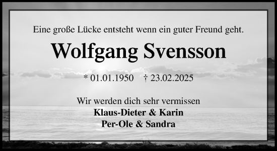 Traueranzeige von Wolfgang Svensson von Wochenend Anzeiger