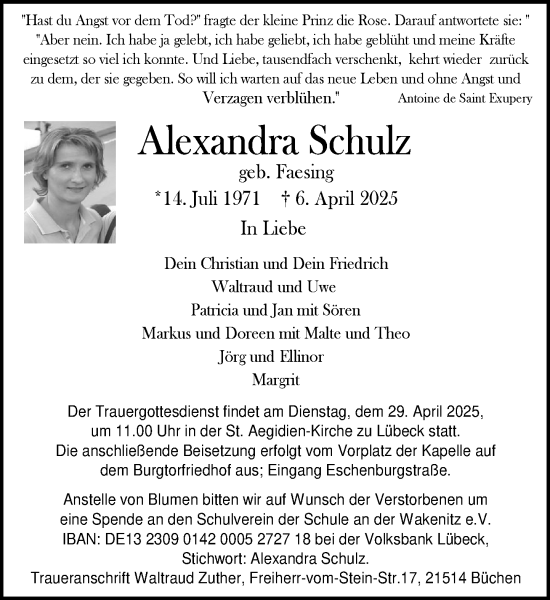 Traueranzeige von Alexandra Schulz von MARKT Ratzeburg/Mölln