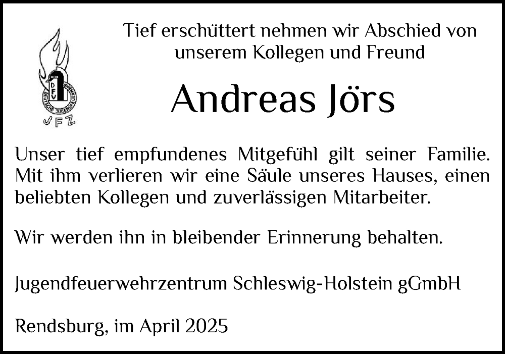  Traueranzeige für Andreas Jörs vom 09.04.2025 aus Schleswig-Holsteinische Landeszeitung