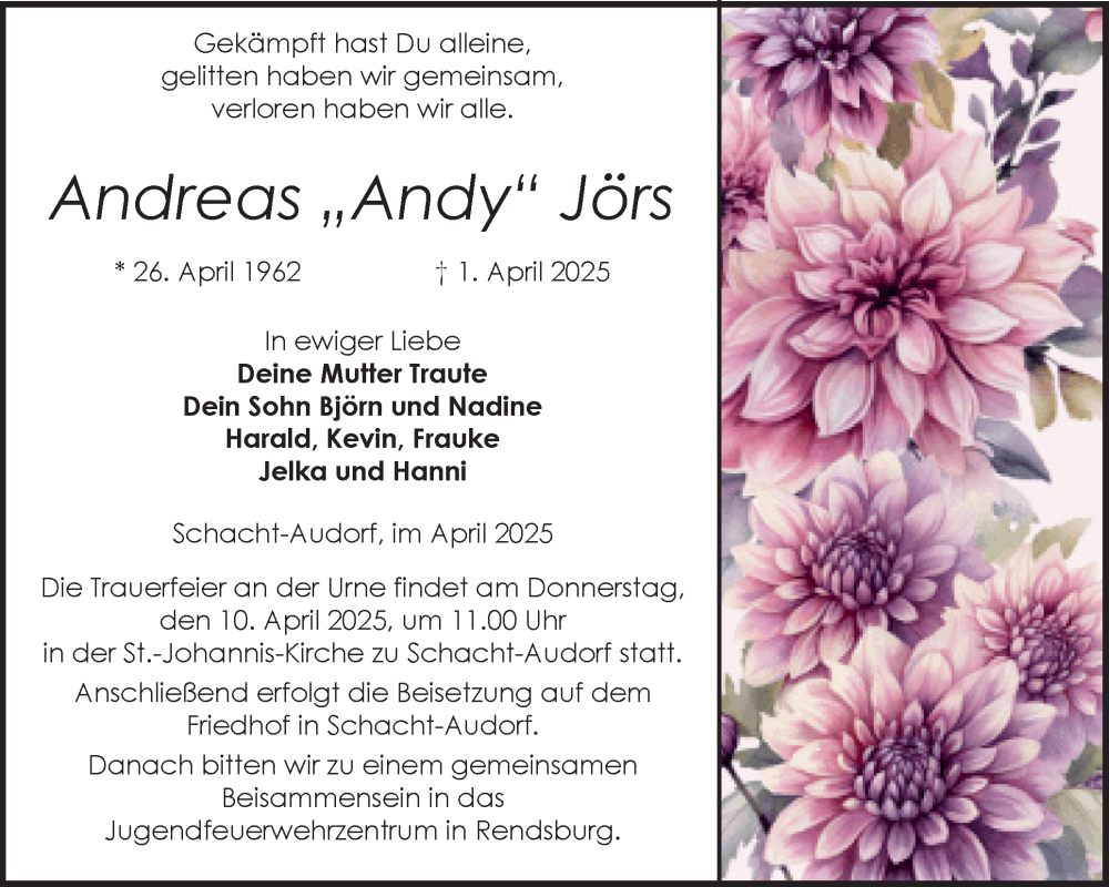  Traueranzeige für Andreas Jörs vom 05.04.2025 aus Schleswig-Holsteinische Landeszeitung