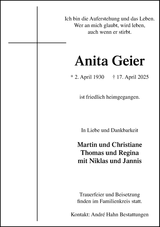 Traueranzeige von Anita Geier von MARKT Bad Oldesloe/Reinfeld und Stormarner Tageblatt