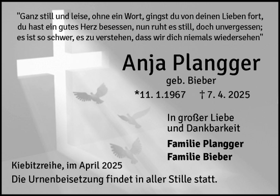 Traueranzeige von Anja Plangger von Elmshorner Nachrichten, Barmstedter Zeitung