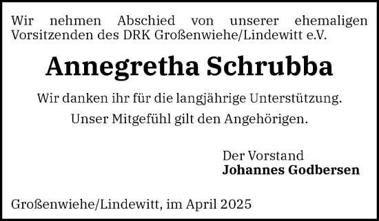 Traueranzeige von Annegretha Schrubba von Flensburger Tageblatt