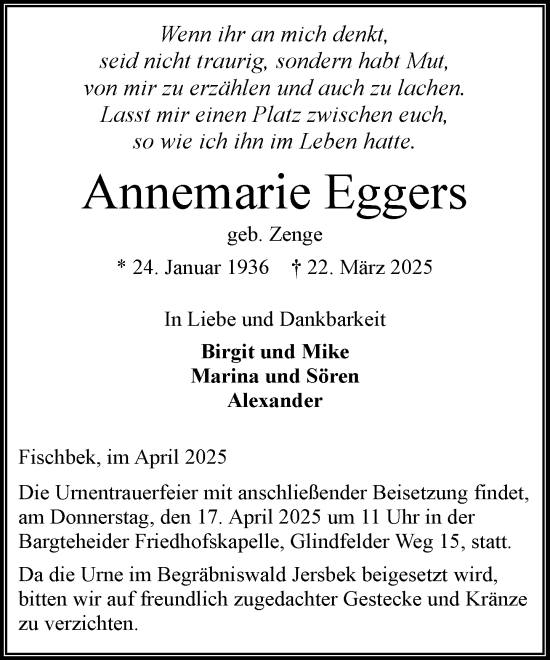 Traueranzeige von Annemarie Eggers von MARKT Ahrensburg/Bargteheide/Trittau und Stormarner Tageblatt