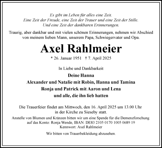 Traueranzeige von Axel Rahlmeier von Eckernförder Zeitung, Hallo Eckernförde