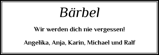 Traueranzeige von Bärbel  von Sylter Rundschau