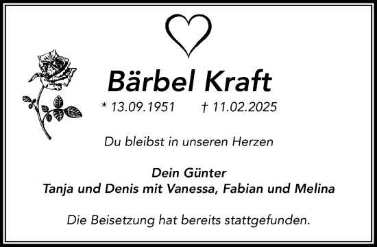 Traueranzeige von Bärbel Kraft von Heimatspiegel