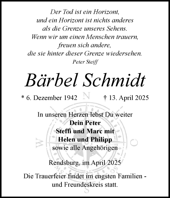 Traueranzeige von Bärbel Schmidt von Schleswig-Holsteinische Landeszeitung