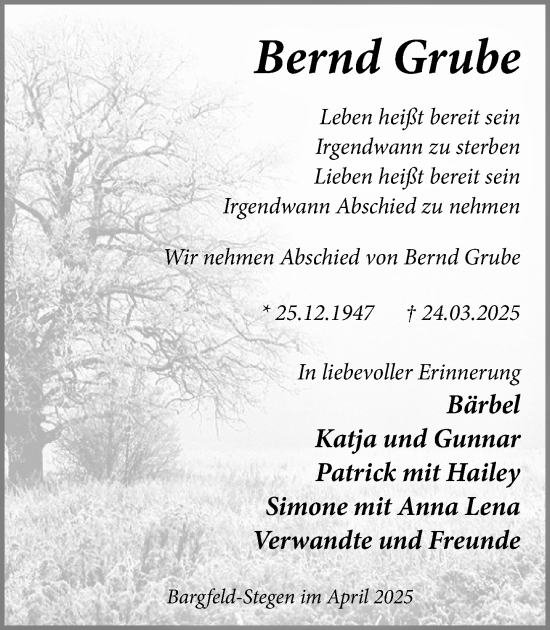 Traueranzeige von Bernd Grube von MARKT Ahrensburg/Bargteheide/Trittau und Stormarner Tageblatt