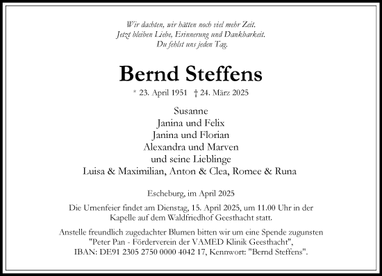 Traueranzeige von Bernd Steffens von Wochenend Anzeiger