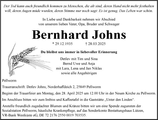 Traueranzeige von Bernhard Johns von Husumer Nachrichten, Nordfriesland Tageblatt