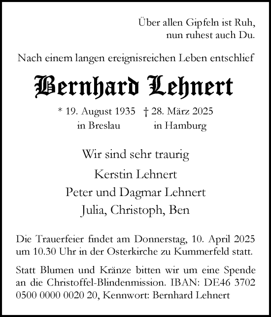Traueranzeige von Bernhard Lehnert von Region Pinneberg und tip Pinneberg
