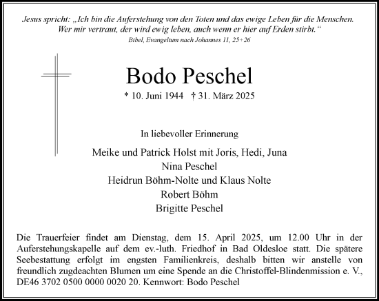 Traueranzeige von Bodo Peschel von MARKT Bad Oldesloe/Reinfeld und Stormarner Tageblatt