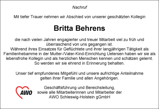 Traueranzeige von Britta Behrens von Uetersener Nachrichten