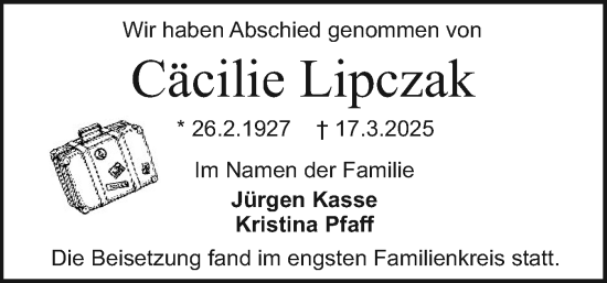 Traueranzeige von Cäcilie Lipczak von Holsteinischer Courier