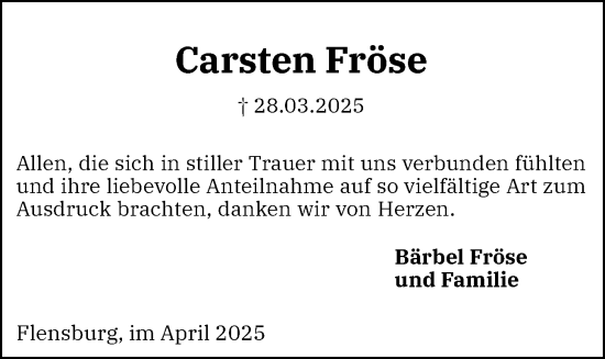 Traueranzeige von Carsten Fröse von Flensburger Tageblatt, Schleswiger Nachrichten, Schlei-Bote