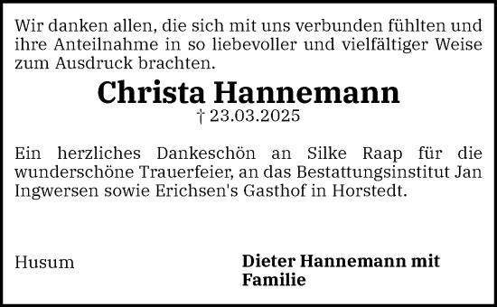 Traueranzeige von Christa Hannemann von Husumer Nachrichten, Nordfriesland Tageblatt