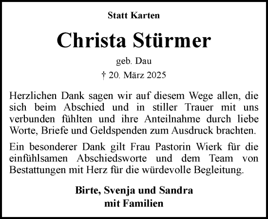 Traueranzeige von Christa Stürmer von Flensburger Tageblatt