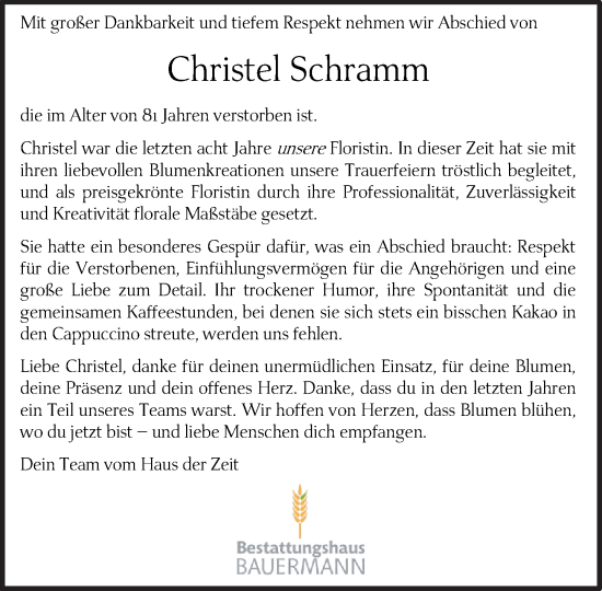 Traueranzeige von Christel Schramm von MARKT Ahrensburg/Bargteheide/Trittau und Stormarner Tageblatt