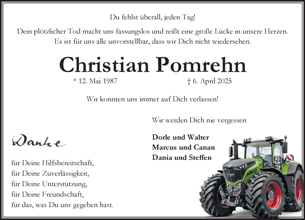  Traueranzeige für Christian Pomrehn vom 26.04.2025 aus MARKT Bad Oldesloe/Reinfeld und Stormarner Tageblatt