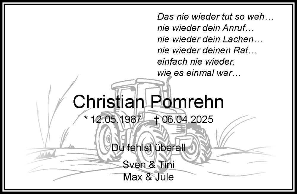  Traueranzeige für Christian Pomrehn vom 26.04.2025 aus MARKT Bad Oldesloe/Reinfeld und Stormarner Tageblatt