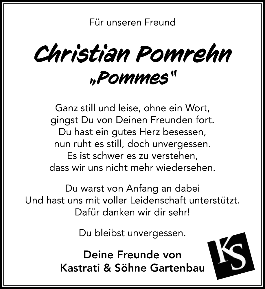  Traueranzeige für Christian Pomrehn vom 26.04.2025 aus MARKT Bad Oldesloe/Reinfeld und Stormarner Tageblatt