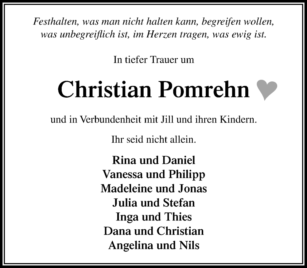  Traueranzeige für Christian Pomrehn vom 26.04.2025 aus MARKT Bad Oldesloe/Reinfeld und Stormarner Tageblatt