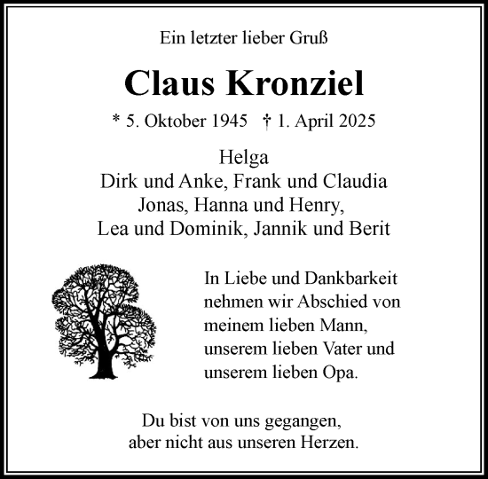 Traueranzeige von Claus Kronziel von MARKT Bad Oldesloe/Reinfeld und Stormarner Tageblatt
