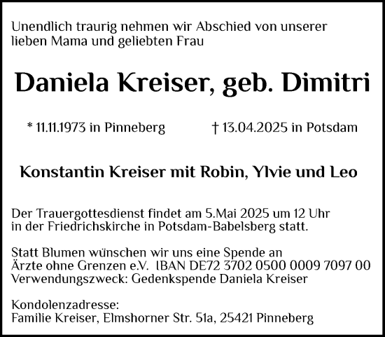 Traueranzeige von Daniela Kreiser von Region Pinneberg und tip Pinneberg