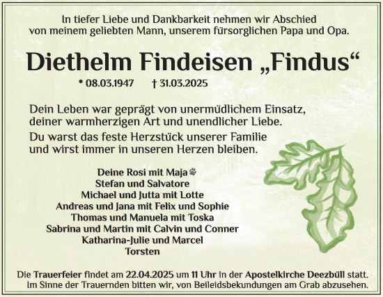 Traueranzeige von Diethelm Findeisen von Husumer Nachrichten, Nordfriesland Tageblatt