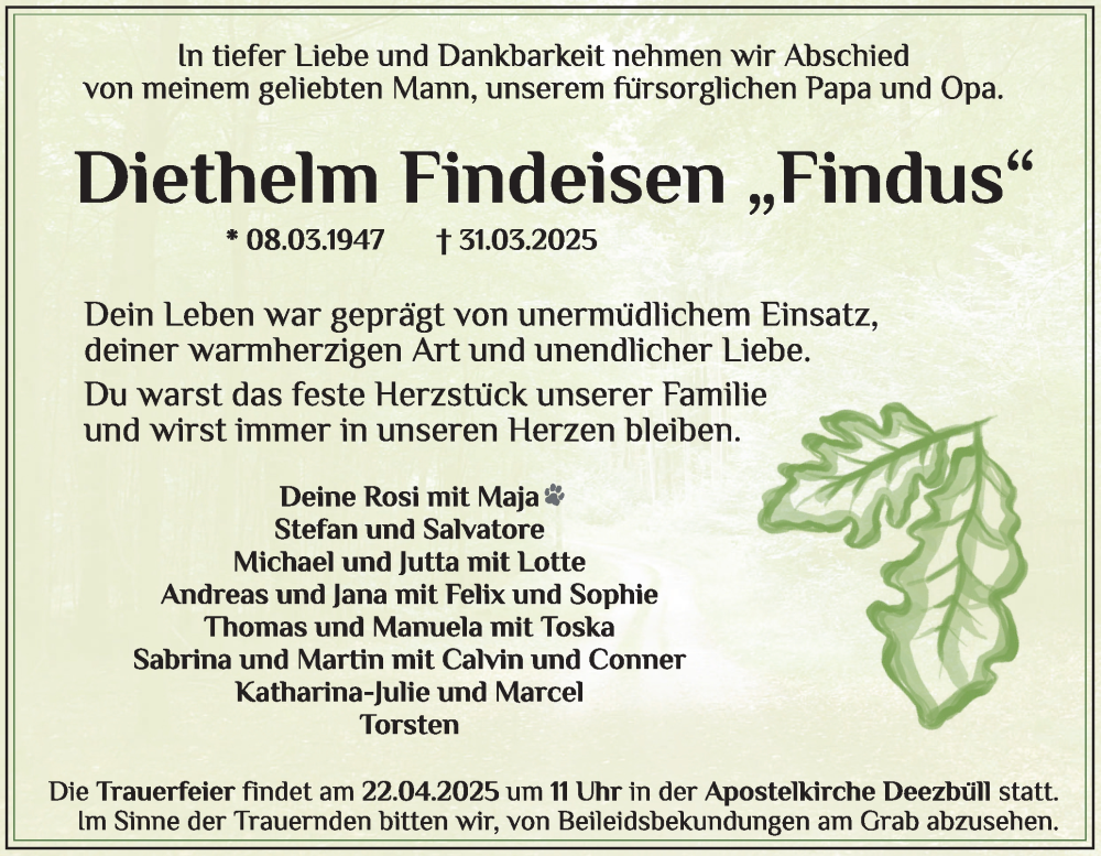  Traueranzeige für Diethelm Findeisen vom 11.04.2025 aus Husumer Nachrichten, Nordfriesland Tageblatt