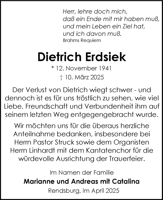 Traueranzeige von Dietrich Erdsiek von Schleswig-Holsteinische Landeszeitung