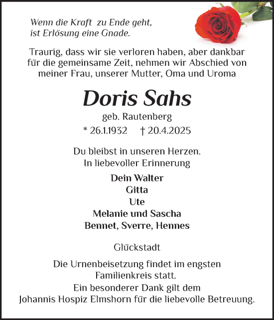 Traueranzeige von Doris Sahs von Norddeutsche Rundschau, Wilstersche Zeitung, Glückstädter Fortuna