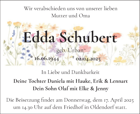 Traueranzeige von Edda Schubert von Norddeutsche Rundschau, Wilstersche Zeitung, Glückstädter Fortuna