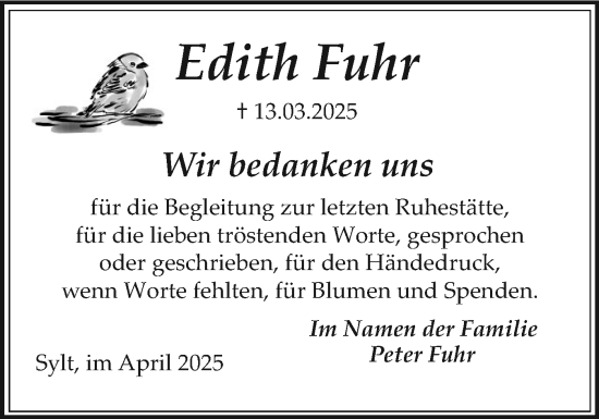 Traueranzeige von Edith Fuhr von Sylter Rundschau