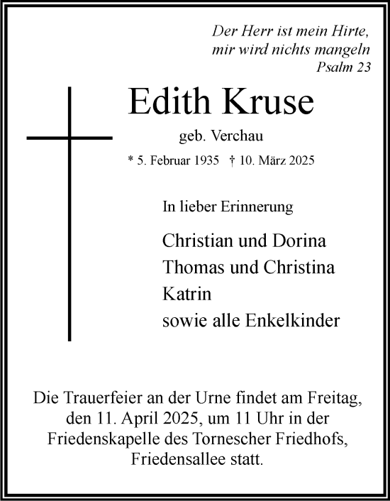 Traueranzeige von Edith Kruse von Region Pinneberg und tip Pinneberg