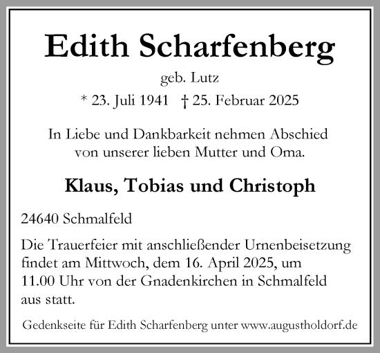 Traueranzeige von Edith Scharfenberg von Umschau