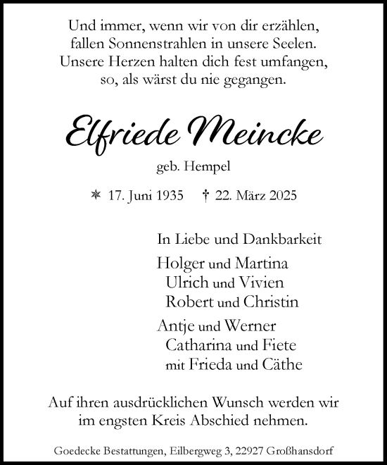Traueranzeige von Elfriede Meincke von MARKT Ahrensburg/Bargteheide/Trittau und Stormarner Tageblatt
