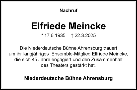 Traueranzeige von Elfriede Meincke von MARKT Ahrensburg/Bargteheide/Trittau und Stormarner Tageblatt