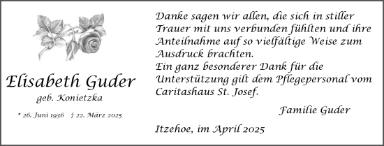 Traueranzeige von Elisabeth Guder von Norddeutsche Rundschau, Wilstersche Zeitung, Glückstädter Fortuna