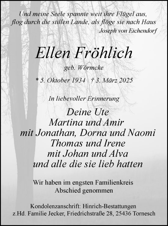 Traueranzeige von Ellen Fröhlich von Uetersener Nachrichten, Der tip am Wochenende