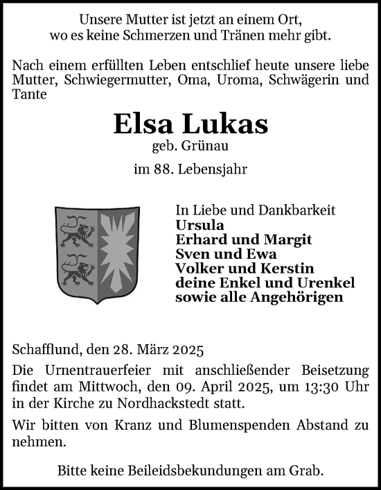 Traueranzeige von Elsa Lukas von Flensburger Tageblatt