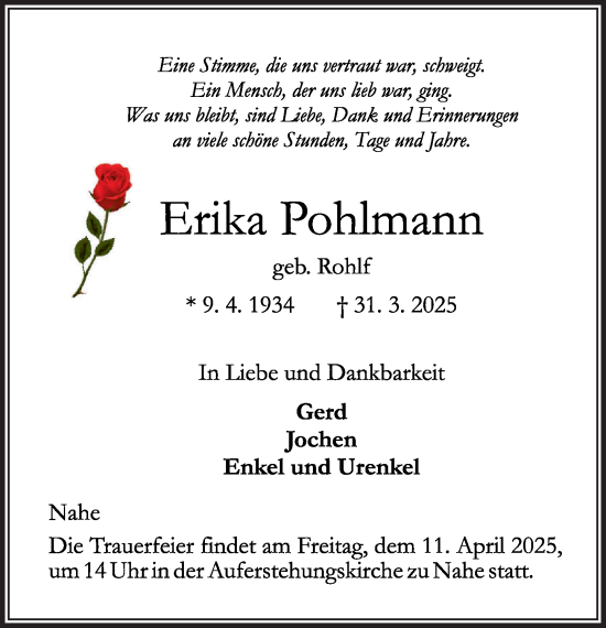 Traueranzeige von Erika Pohlmann von MARKT Ahrensburg/Bargteheide/Trittau und Stormarner Tageblatt