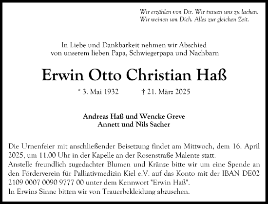 Traueranzeige von Erwin Otto Christian Haß von Ostholsteiner Anzeiger