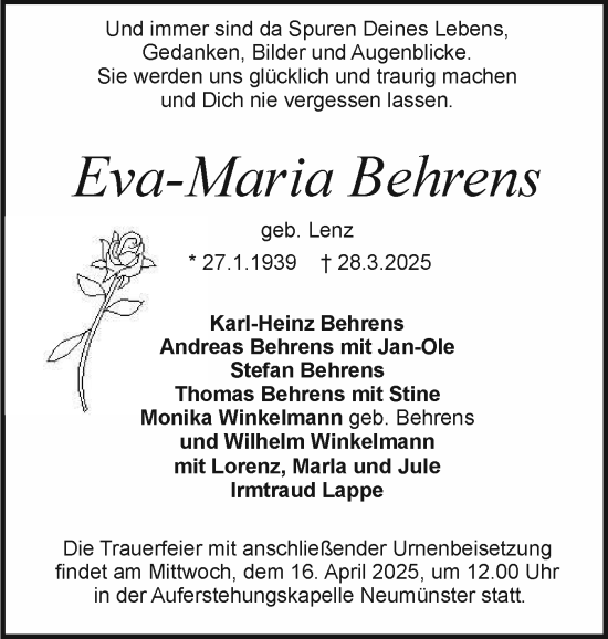 Traueranzeige von Eva-Maria Behrens von Holsteinischer Courier
