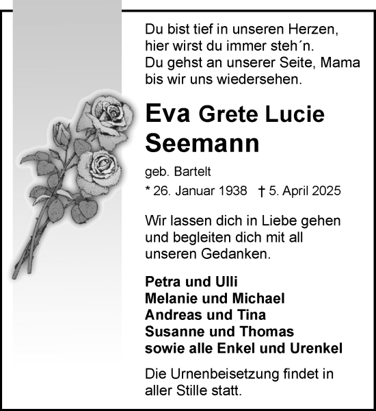 Traueranzeige von Eva Grete Lucie Seemann von MARKT Bad Oldesloe/Reinfeld und Stormarner Tageblatt