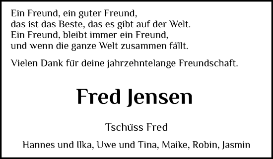 Traueranzeige von Fred Jensen von Husumer Nachrichten, Nordfriesland Tageblatt