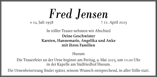 Traueranzeige von Fred Jensen von Husumer Nachrichten, Nordfriesland Tageblatt