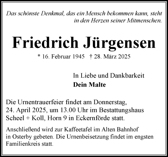 Traueranzeige von Friedrich Jürgensen von Eckernförder Zeitung, Hallo Eckernförde