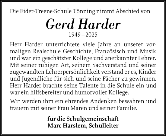Traueranzeige von Gerd Harder von Husumer Nachrichten, Nordfriesland Tageblatt